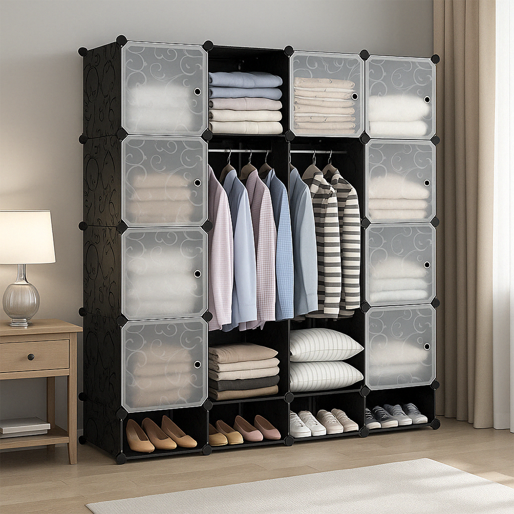 Faltbarer modularer Kleiderschrank 165x147 cm – Schrank mit Regalen und Schuhfach, ideal für das Schlafzimmer oder auf Reisen
