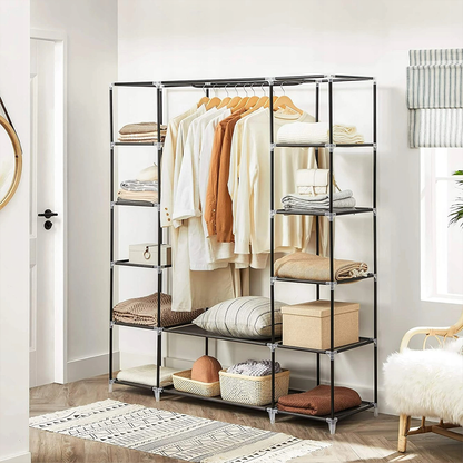 Modularer Textilschrank 170x45x175 cm mit 14 Einlegeböden und 2 Kleiderstangen – geräumiger Garderobenschrank mit Metallrahmen