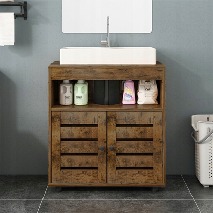 Unterschrank für Waschbecken – 60 cm, rustikales Braun, mit Regalen und Türen