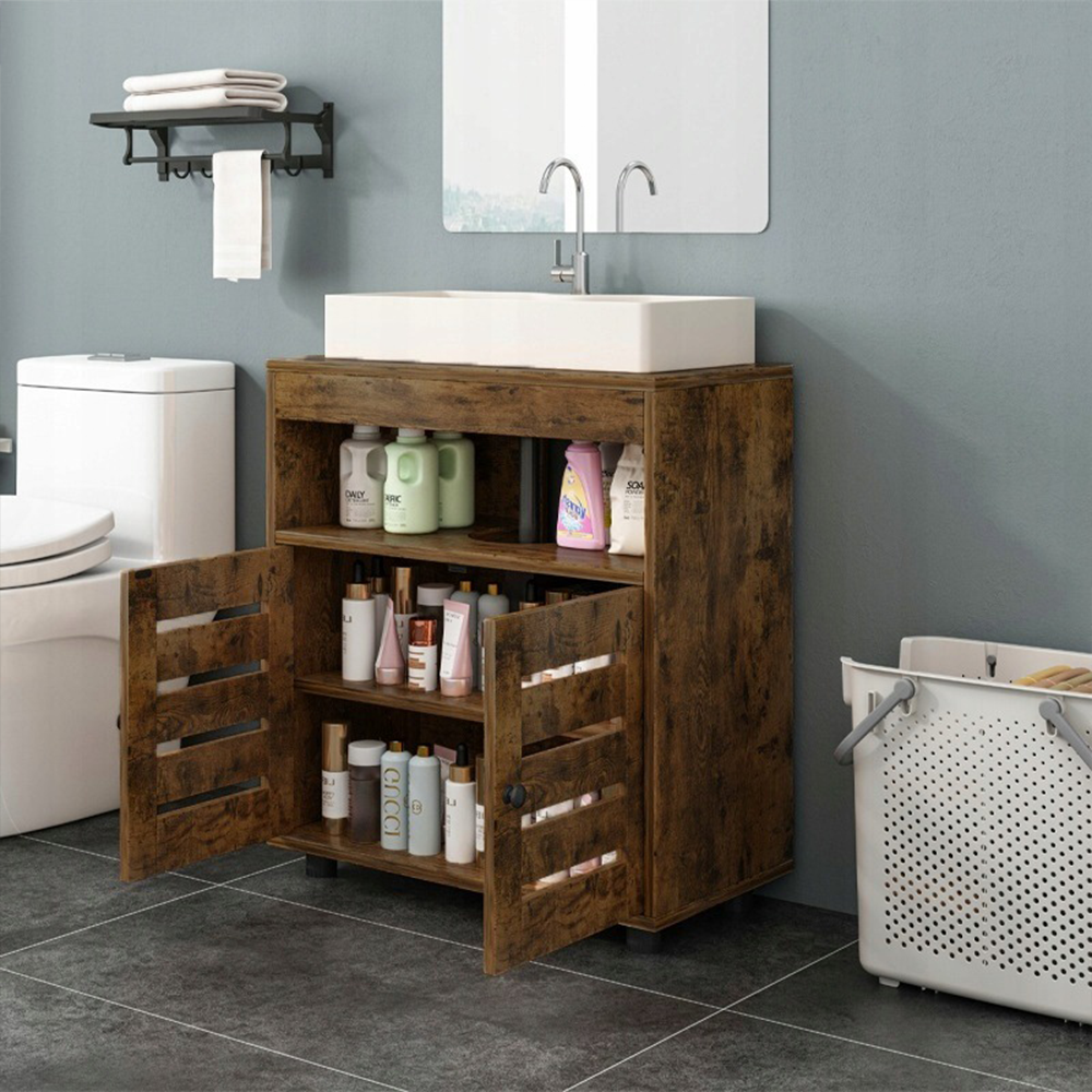 Unterschrank für Waschbecken – 60 cm, rustikales Braun, mit Regalen und Türen