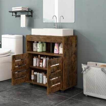 Unterschrank für Waschbecken – 60 cm, rustikales Braun, mit Regalen und Türen